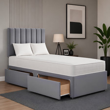 Image of 3FT Single Stripe Divan Bed Plush Upholstered 24"Panel Headboard Storage Drawers