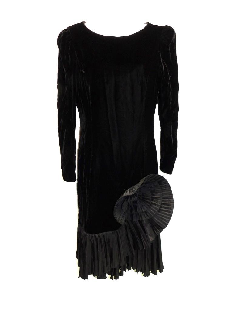 Vtg 80s Victor Costa XS Black Velvet Cocktail Midi Dress Pleated Flower Tiered