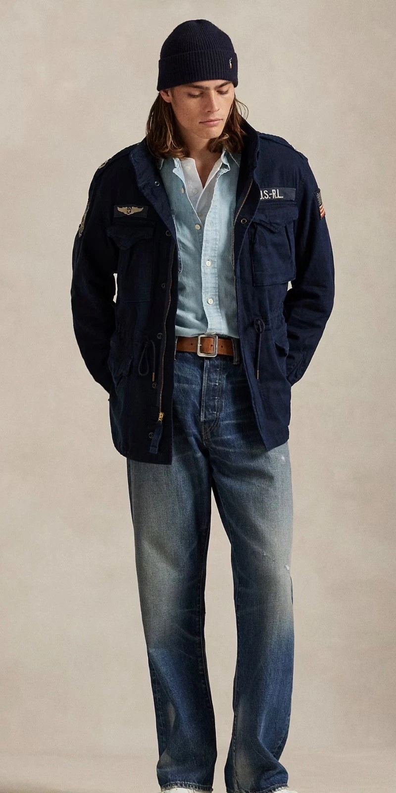 NWT Polo Ralph Lauren Navy Blue Herringbone MILITARY Patch Iconic Field Jacket - product detail image 3