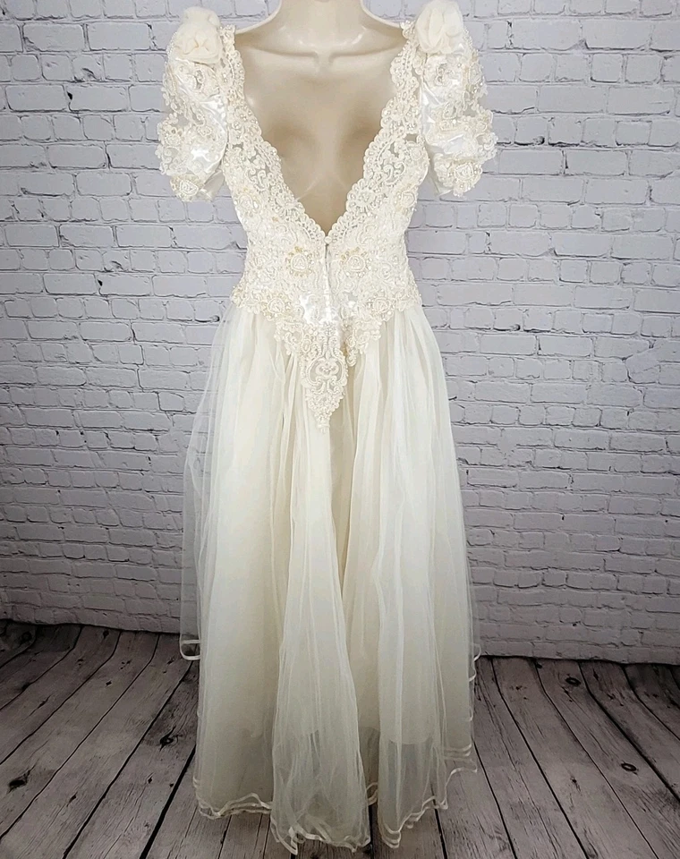 Pallas Athena Ivory Satin Embroidered Beaded Bridal Wedding Dress Gown Size P12 - Image 2 of 4