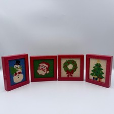 Vintage Needlepoint Christmas Framed Art Set 4 Santa Snowman Wreath Tree Red