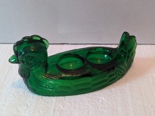 Vintage Heavy Green Glass Chicken Rooster Egg Holder Serving Tray