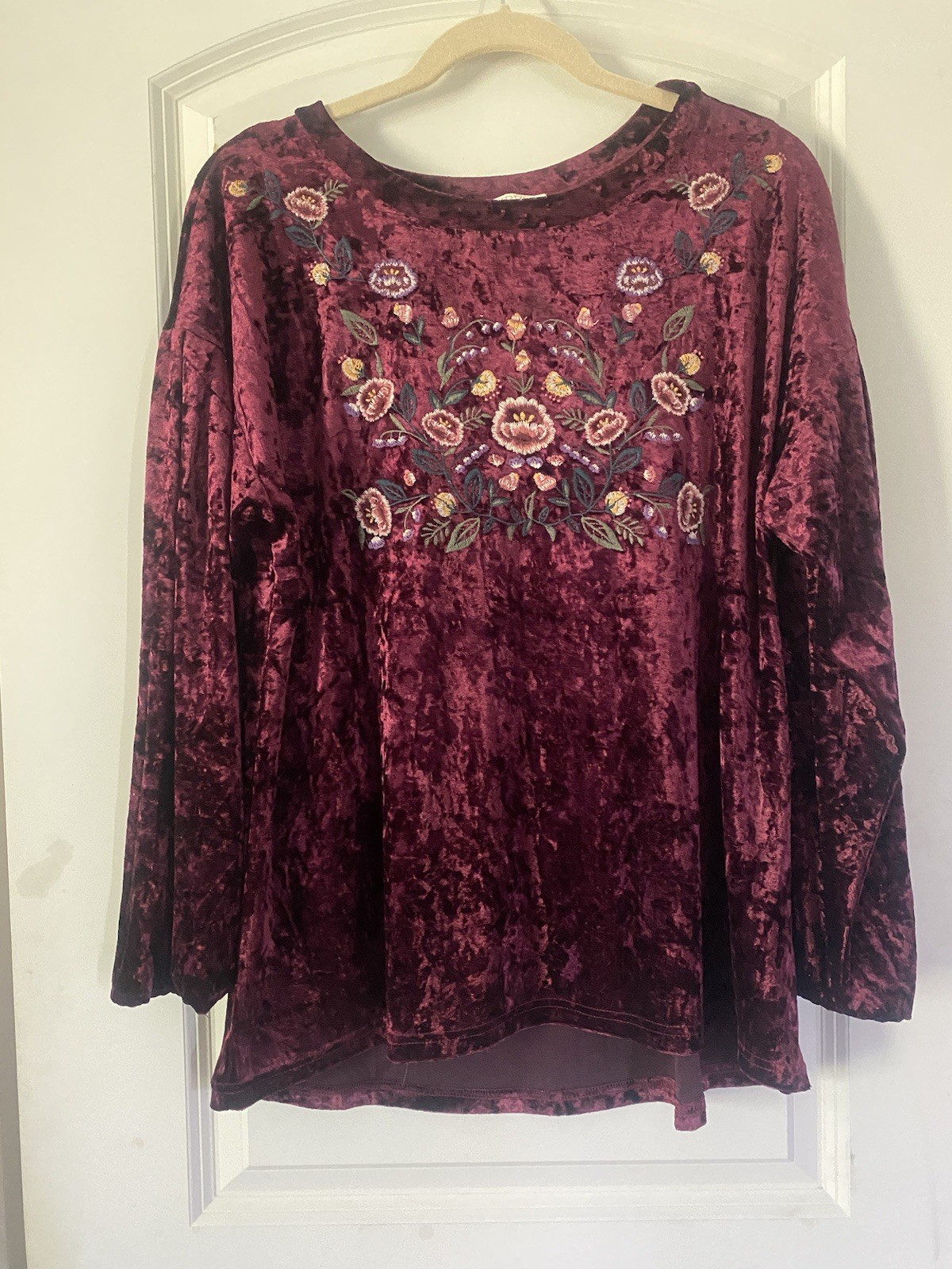 Oddy Crushed Velvet look Emb Top Women  Boho Maroon/Burgundy. Size S fits like L