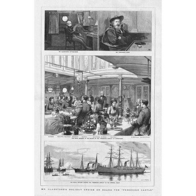 Mr Gladstone's Holiday Cruise on Board the Pembroke Castle - Antique Print 1883