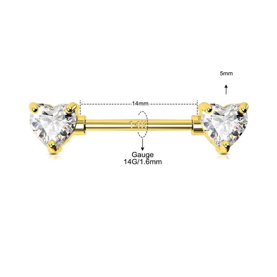 2 PIEZAS 14K Oro Sólido Forma de Corazón Anillo para Pezón 14G Barra Recta Piercing para Pezón Foto 2 de 4