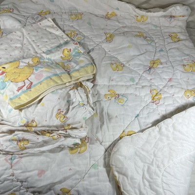 VTG SET Riegel White Baby Blanket Mother Baby Duck Blocks Hearts Comforter D1