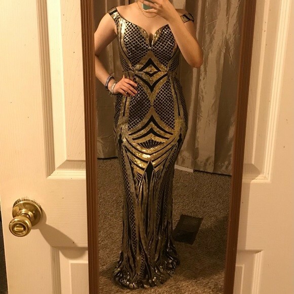 Gold Black Royal Elegant Sequin Bridesmaid Prom Wedding Dress Size
