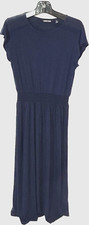 Lands End Dress Dark Blue Smocked Waist Cap Sleeve Sz S Midi Round Neck Stretch