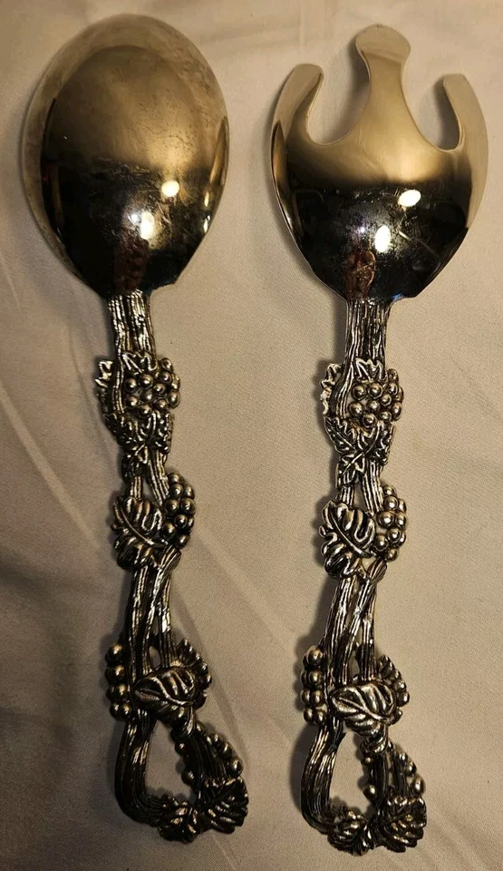 ВИНТАЖНЫЙ СЕРЕБРИСТОГО ТОНА ИЗ НЕРЖАВЕЮЩЕЙ СТАЛИ 9 «СЕРВИРОВОЧНАЯ ЛОЖКА И Spork виноградной лозы ручки комплект  - Изображение 4 из 4