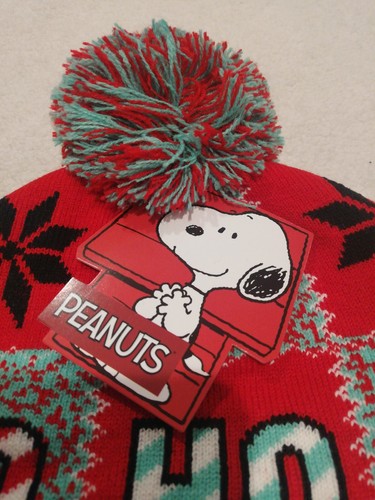 MENS PEANUTS SNOOPY RED/BLACK HO HO HO CHRISTMAS BEANIE HAT ONE SIZE NEW! - Picture 3 of 6