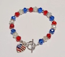 Red White  Blue Patriotic Crystal Rondelle Beads Bracelet 4th Of July USA 8"