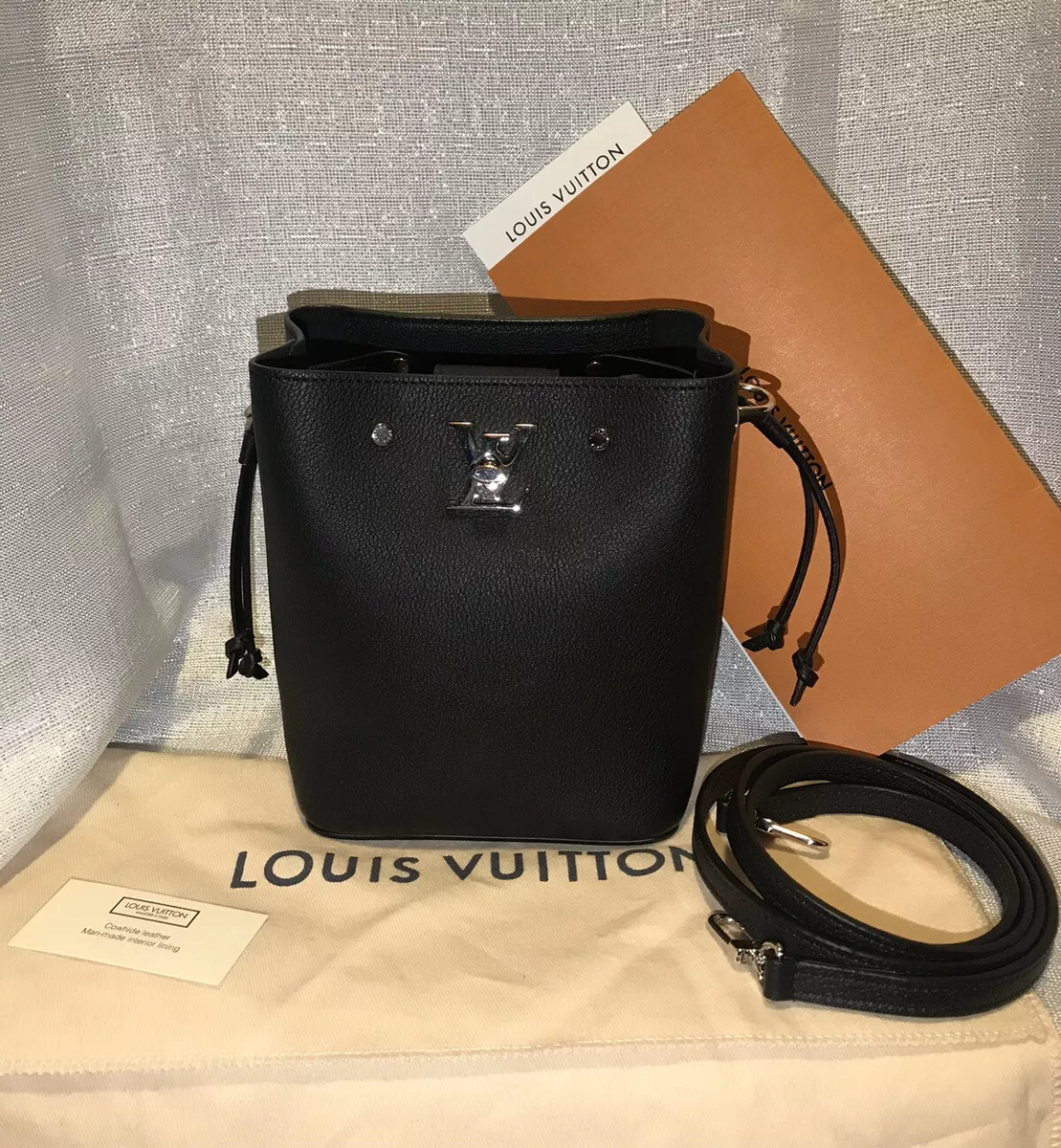 NEW Louis Vuitton Black Leather LockMe Nano Bucket Drawstring CrossBody Bag