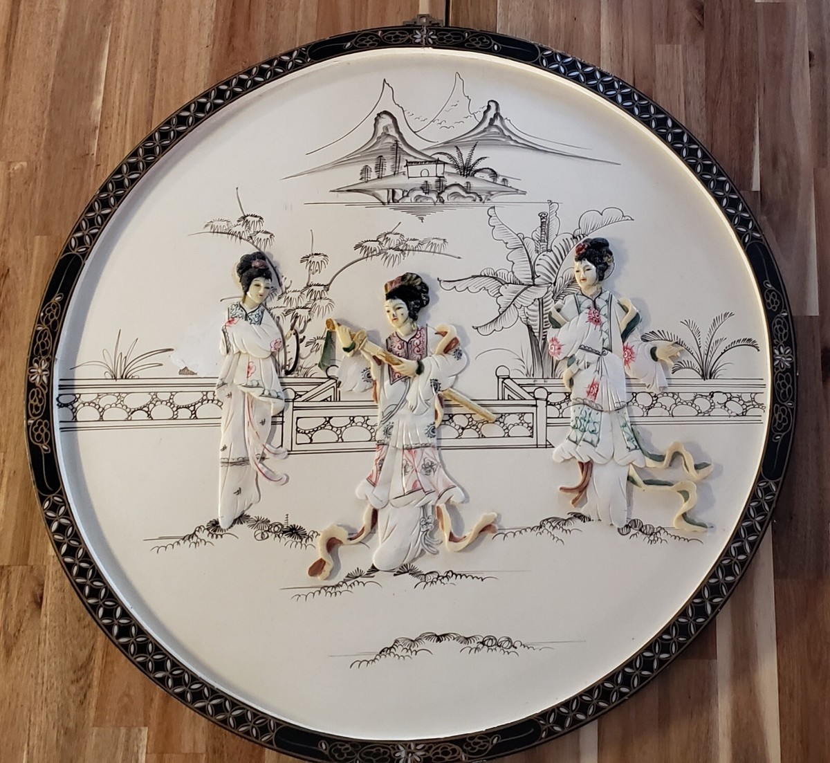 Vintage Asian Round Wall Art Panel White Lacquer Mother of Pearl