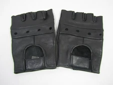 Black Leather Fingerless Driving Motorcycle Gloves 100% Leather - Mens Large