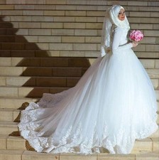 Muslim Wedding Dresses with Hijab Gelinlik Long Sleeves Lace Bridal Gown Custom
