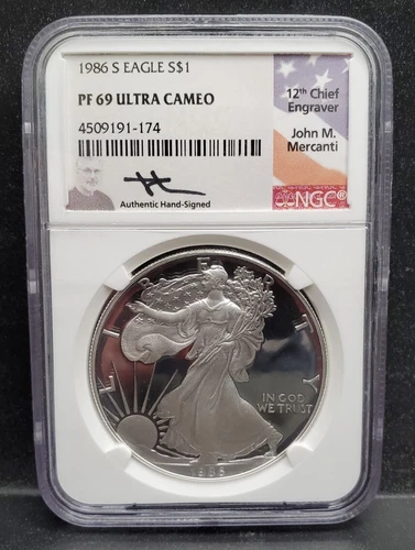 1986 S Proof Silver Eagle- NGC PF69 Ultra Cameo-John Mercanti Hand Signed Label