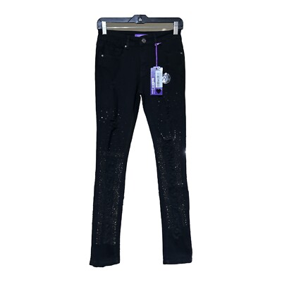 Bamboo Black Denim Embellished Distressed Skinny Jeans Size Juniors 7 -27'' Waist