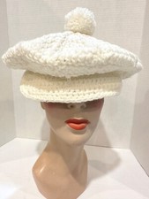 VTG 60s ACRYLIC FIBRE OFF WHITE HIPPY NEWSBOY BERET KNIT HAT CAP WOMEN'S