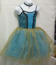 Gold Touched Romantic Length aqua Ballet Costume Scrollwork bodice 5 tr tutu