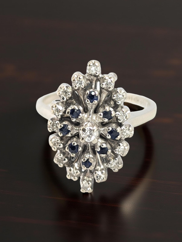 ESTATE SOLID 14K WHITE GOLD NATURAL DIAMOND BLUE GEMSTONE RING SIZE 5.75 #7852