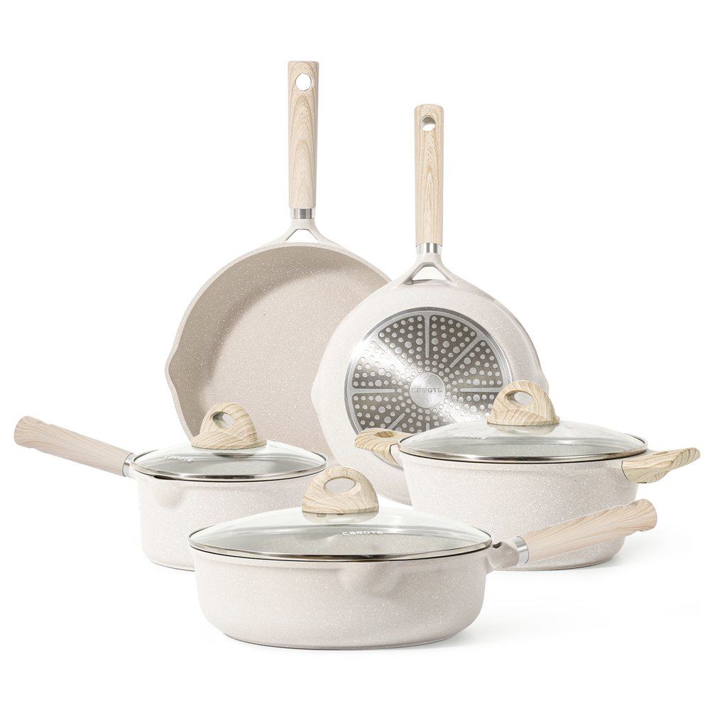 Nonstick Pots and Pans Set, 8 Pcs Induction Kitchen Cookware Sets (Beige Granite
