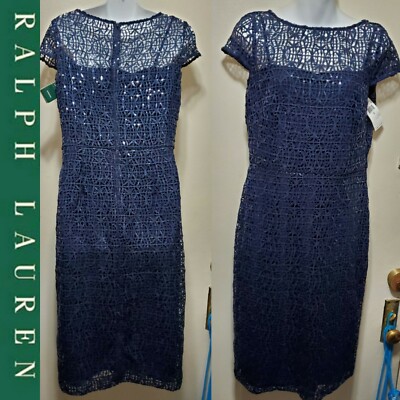 $225 Ralph Lauren Navy Blue Sequin Lace Midi Cocktail Dress ~ 6 M3020 |  eBay