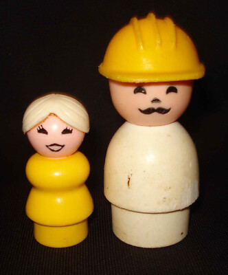2 Vintage Fisher Price Little People White Hair Woman Large Construction Worker