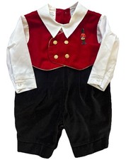 Vintage Velvet Holiday Boy 1 Piece Romper 3-6 Months Red Gold Vest Drummer Boy