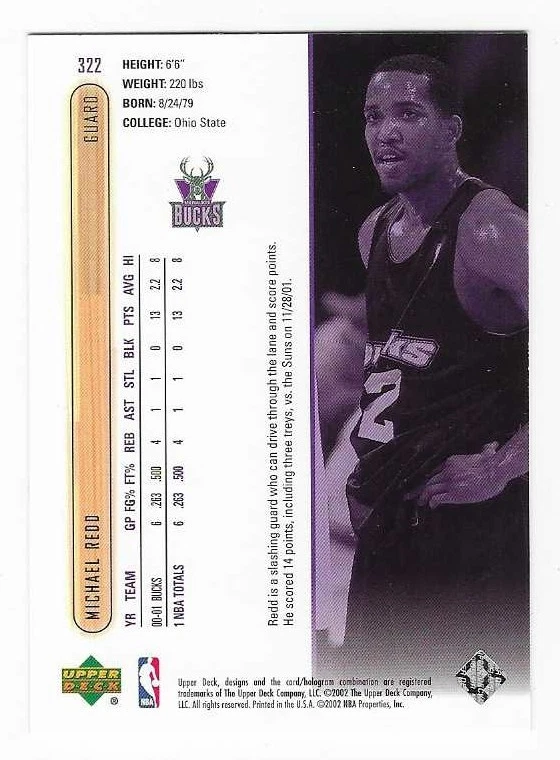 2001-02 Upper Deck Michael Redd Milwaukee Bucks Basketball Card #322 - Image 2 of 2