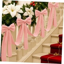 16.4 ft Christmas Velvet Bow Garland Staircase Decorations with 6 Pcs Pink