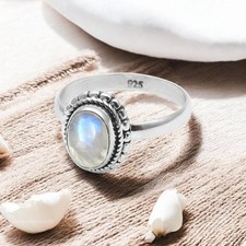 925 Sterling Silver Crown Chakra Rainbow Moonstone Stone Cocktail Ring Size 6