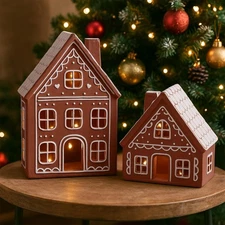 2 Sets Lighted Ceramic Iced Gingerbread Houses Christmas Decorations Indoor P...