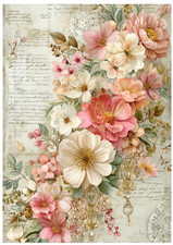 Vintage Flowers, Pink& Cream -  1 x  A4 Rice Paper Decoupage - Calligraphy 3