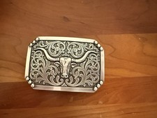 Nocona Belt Buckle Men's Silver Rectangle Longhorn Scrolls Smooth Edge Western