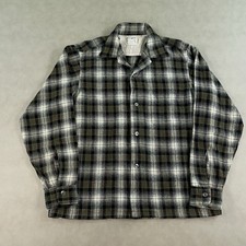 Vintage 50s 60s Pilgrim Sears Wool Plaid Flannel Shirt Loop Collar USA Medium