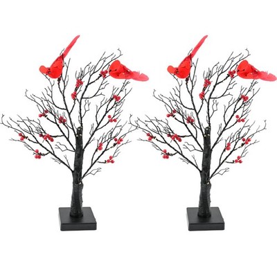 Set of 2 Vintage Glowing Trees with Cardinals, Dual Power USB/Battery Operate...