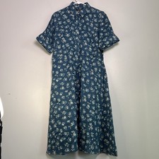 Ralph Lauren womens 10 Floral Linen MidI Button Up Dress Blue Side Pocket Summer