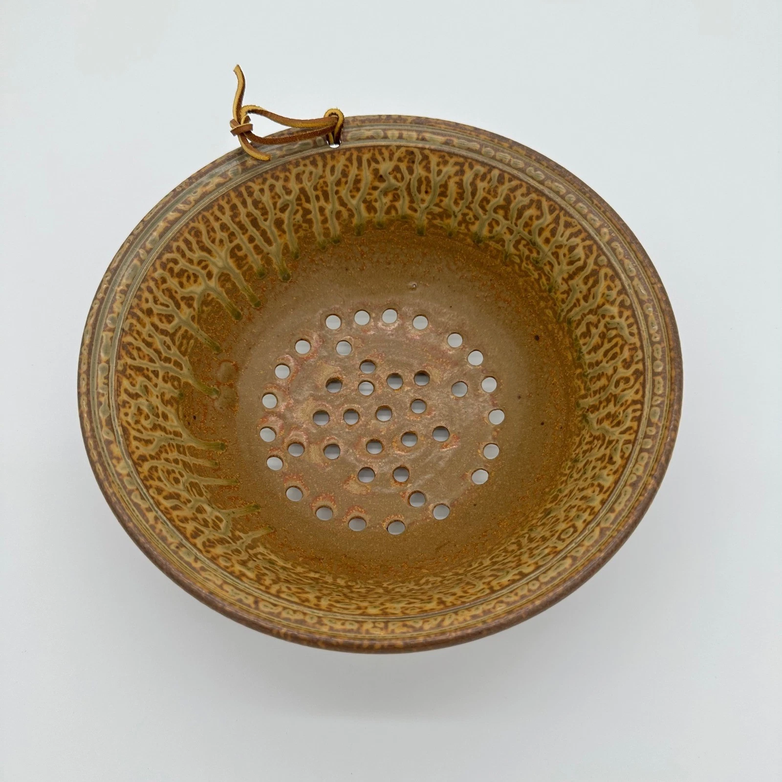 Studio Pottery Berry Bowl Colander Brown Glazed Stoneware Footed Strainer 9"