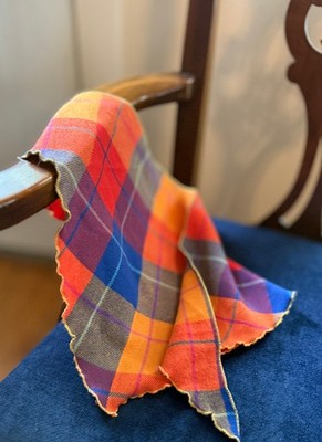 Vintage Brushed Cotton Scarf Triangle Neckerchief Soft Orange Blue Plaid