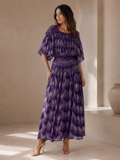 Gucci Pleated Chevron Print Maxi Dress Purple Flutter Sleeve, Size M