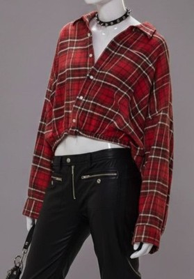 R13 Women's Red Plaid Oversized-Fit Crossover Bubble Button-Up Shirt Top Size S