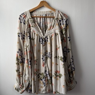 Sonoma 3X V-Neck Womens Cream Floral Print Button Front  Blouse Tops Boho