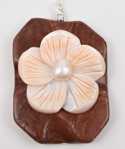 Sterling Silver 925 Redwood Marble MOP Flower Pendant Baroque Pearl 18" 1.1g - Picture 7 of 15
