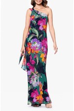 Xscape Navy Blue Multi Floral One-Shoulder Chiffon Gown Size 10 $198