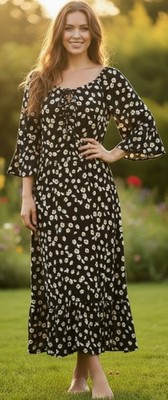 Mlle Gabrielle Women s 1X Black Daisy Floral Ruched Midi Dress Puff Sleeves