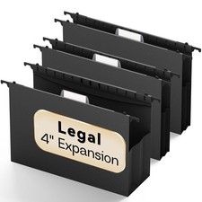 Extra Capacity Legal Size Plastic Hanging File Folders,Reinforced 4" Black Po...