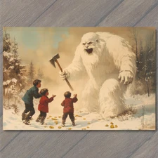 Art Print  Snow Monster Children Yeti Retro Winter Scene Whimsical Charm Winter