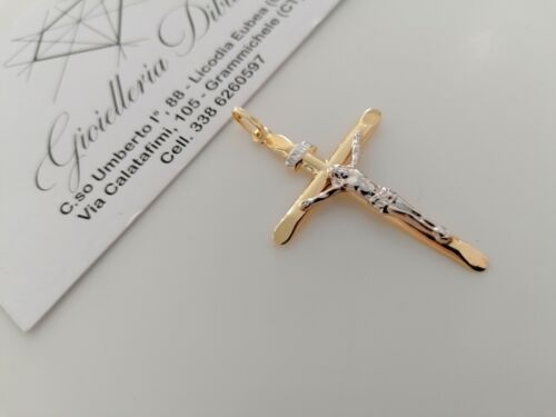 CIONDOLO CROCE Sacra CROCEFISSO CRISTO Pendente In ORO 18 Kt 750% Giallo Bianco - Foto 2 di 9