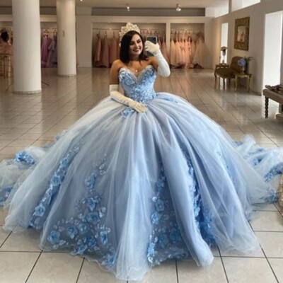 Sky Blue Quinceanera Dresses 3D Flowers Sweet 15 Princess Prom Party Ball Gowns