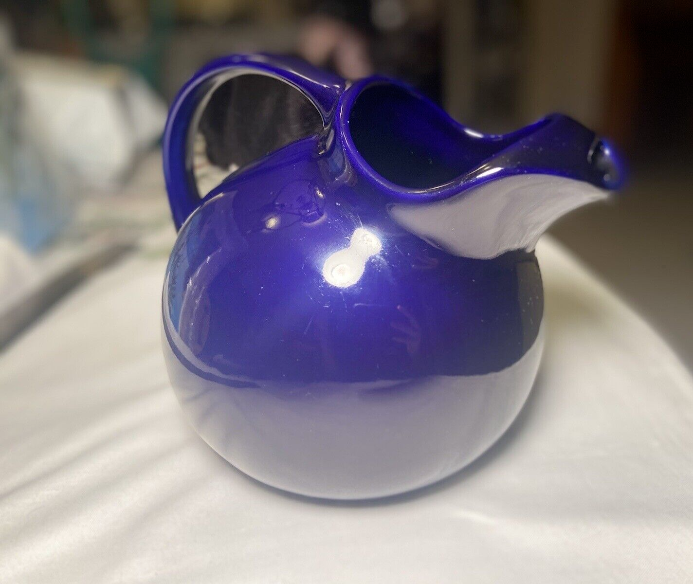 Vintage 1950's Cobalt Blue Tilted Round Ball Pitcher Jug w Ice Lip Hall